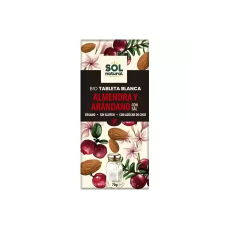 Tableta chocolate blanco con almendras y arándanos 70 g sol natural