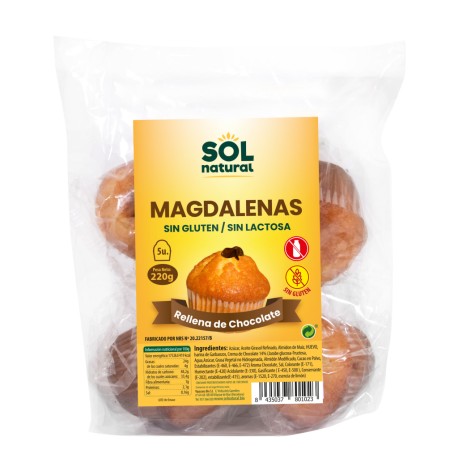 Magdalenas rellenas de chocolate 220 g sin gluten sin lactosa sol natural